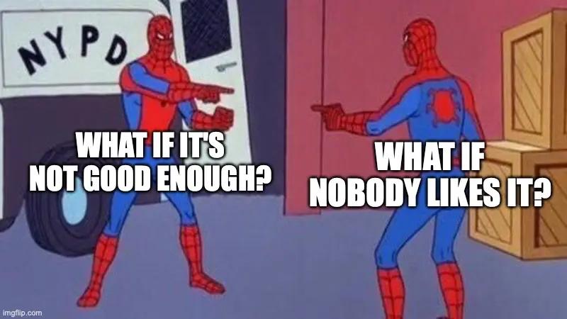 Meme showing someone chasing their entrepreneurial goal through building an app while being held back by their fear of sales and marketing, illustrating how fear prevents focusing on what actually drives business success.